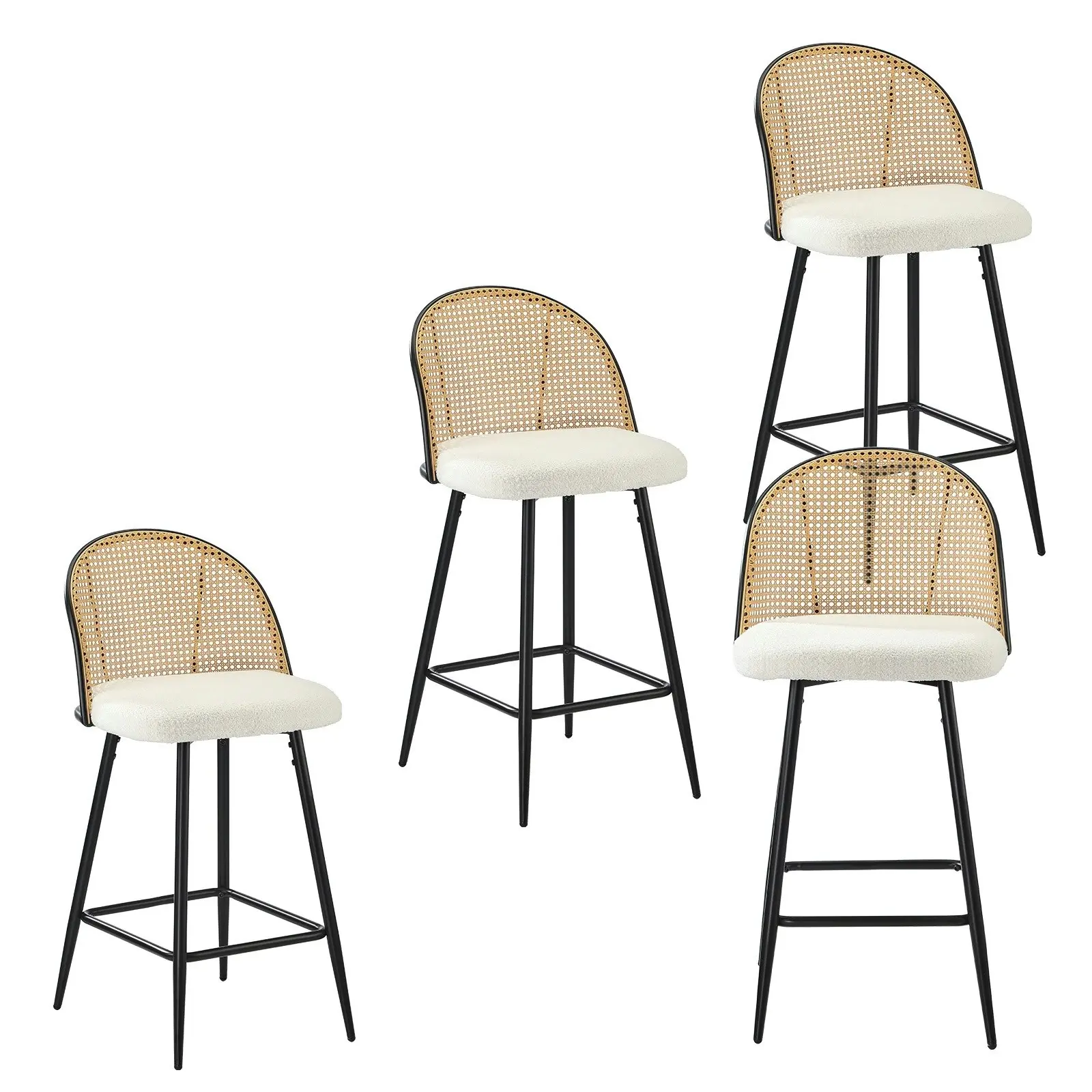 Oikiture Bar Stools Kitchen Counter Stool Rattan Dining Chair Boucle Fabric x4