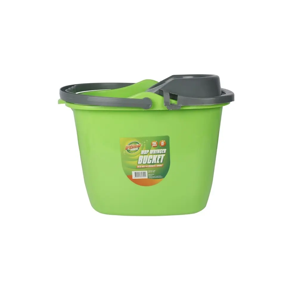 3x Ultimo Mop Bucket 15L Green w/ Grey Wringer & Handle Efficient Cleaning 39cm