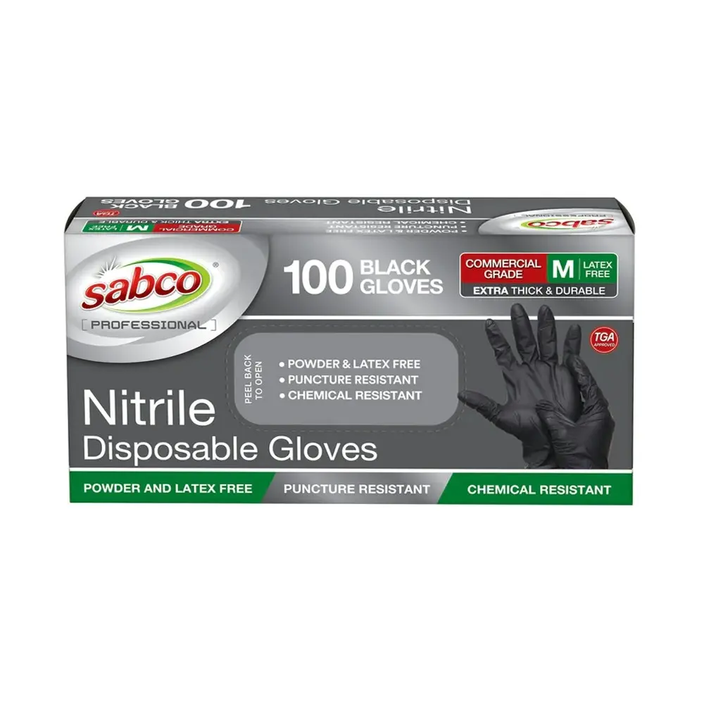 200x Sabco Professional Nitrite Medium Commercial Grade Disposable Gloves Black