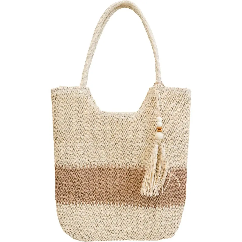 2x LVD Women's/Ladies Woven Stripe Tote Bag Fashion Beach Handbag 40cm Natural