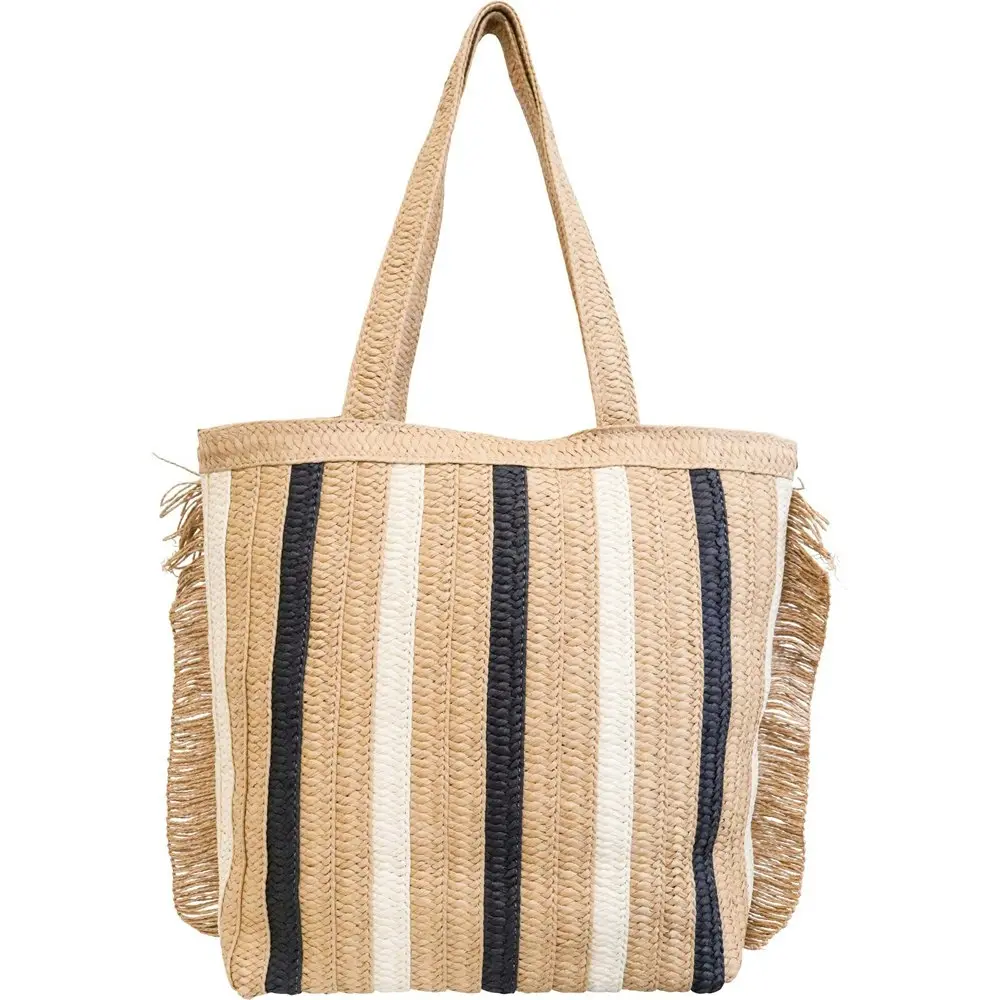 2x LVD Women's/Ladies Stripe Fringe Tote Bag Outdoor/Beach Handbag 47cm Natural