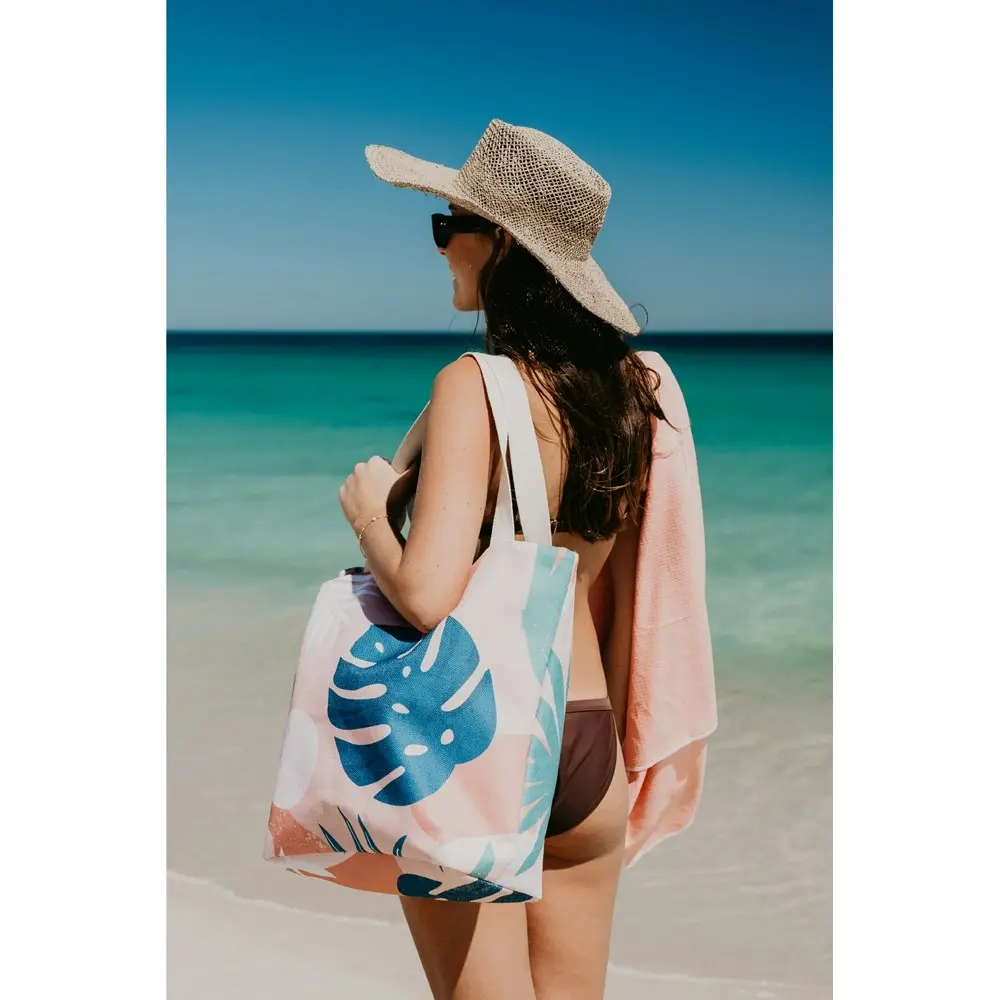 2x Good Vibes Beach Bag W Inner Pocket Zip Closre Blush Palm Print 50x42x15cm