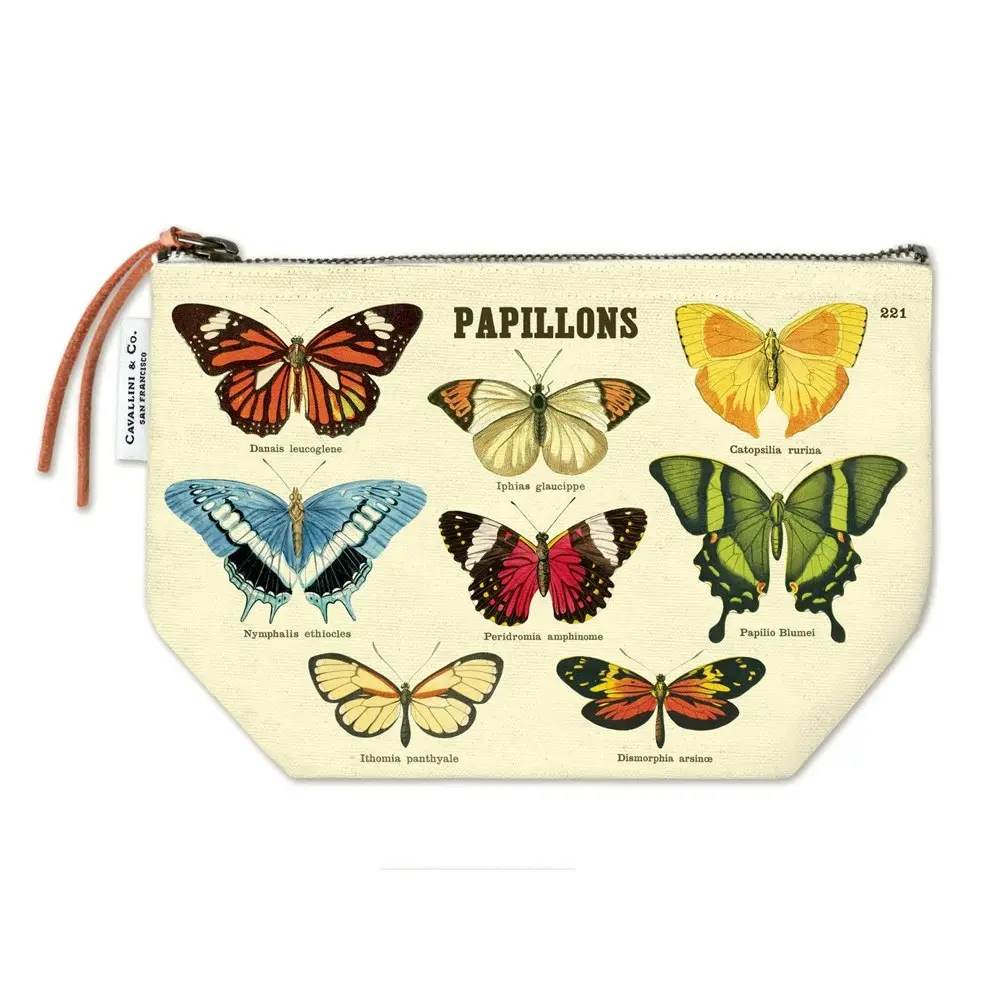 2x Cavallini Cotton Hand Carry Zipped Pouch Handy Organiser Butterflies 22x15cm