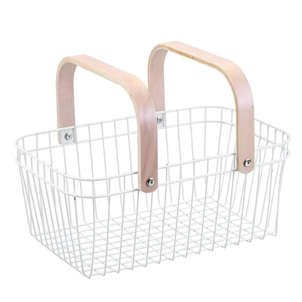 2x Boxsweden WHT 39cm Wire Home Storage Basket w/Wooden Handle Organise/Display