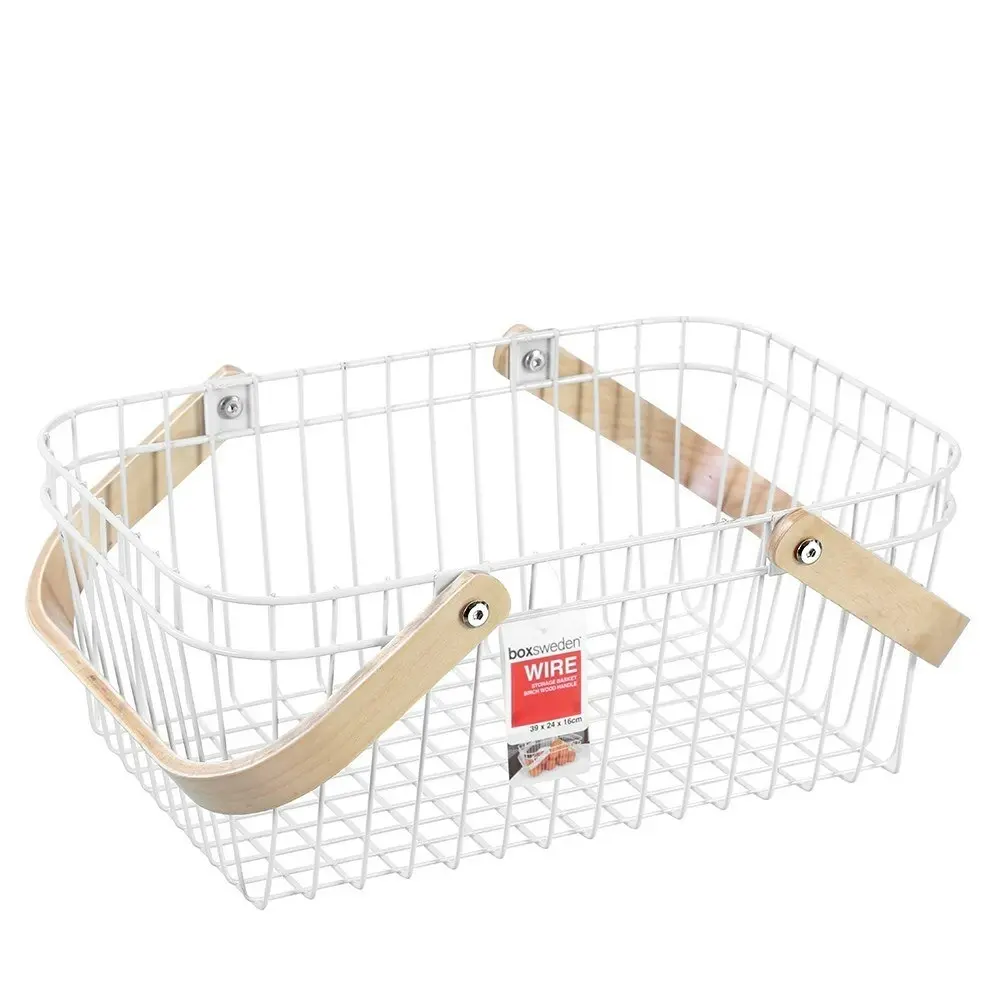 2x Boxsweden WHT 39cm Wire Home Storage Basket w/Wooden Handle Organise/Display