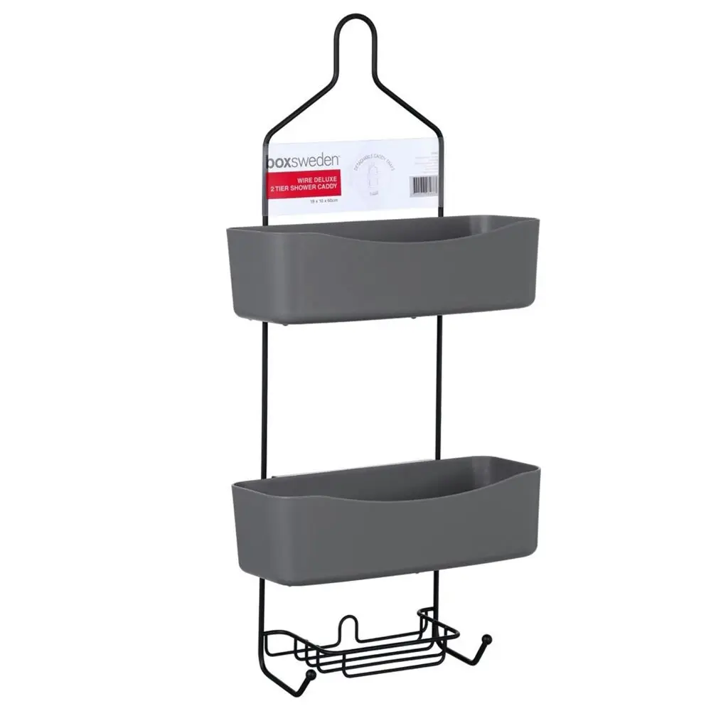 2x Boxsweden 60cm Wire Deluxe 2 Tier Shower Caddy w/ Detachable Holder/Tray BLK