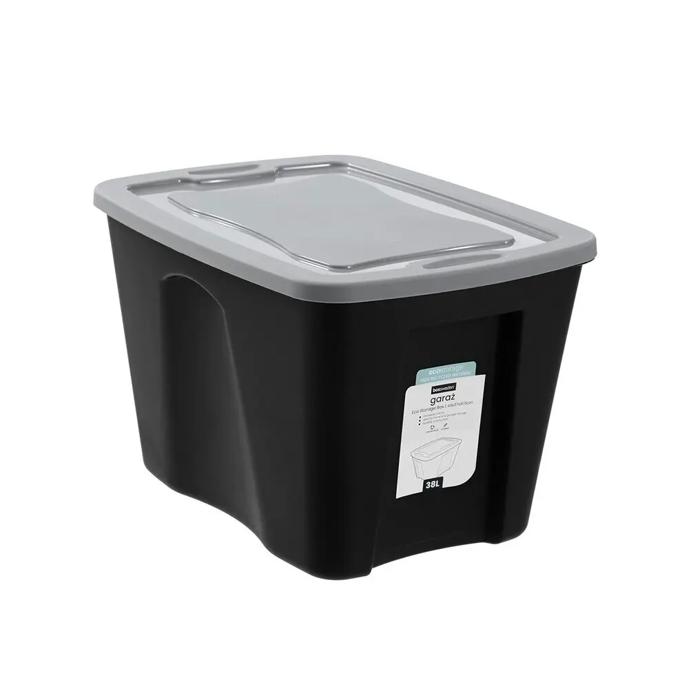 12x Boxsweden Garaz Eco 38L/49cm Storage Box Home Organser Rectangle w/Lid Black