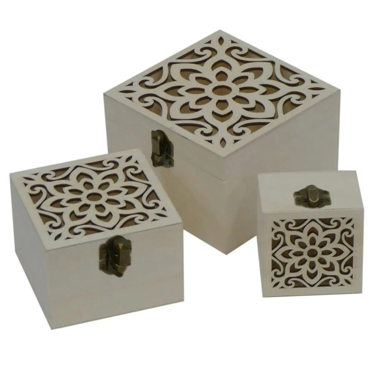 2x 3pc Boyle Craft Square Wooden Storage Box Laser Cut Flower w/Catch Organiser