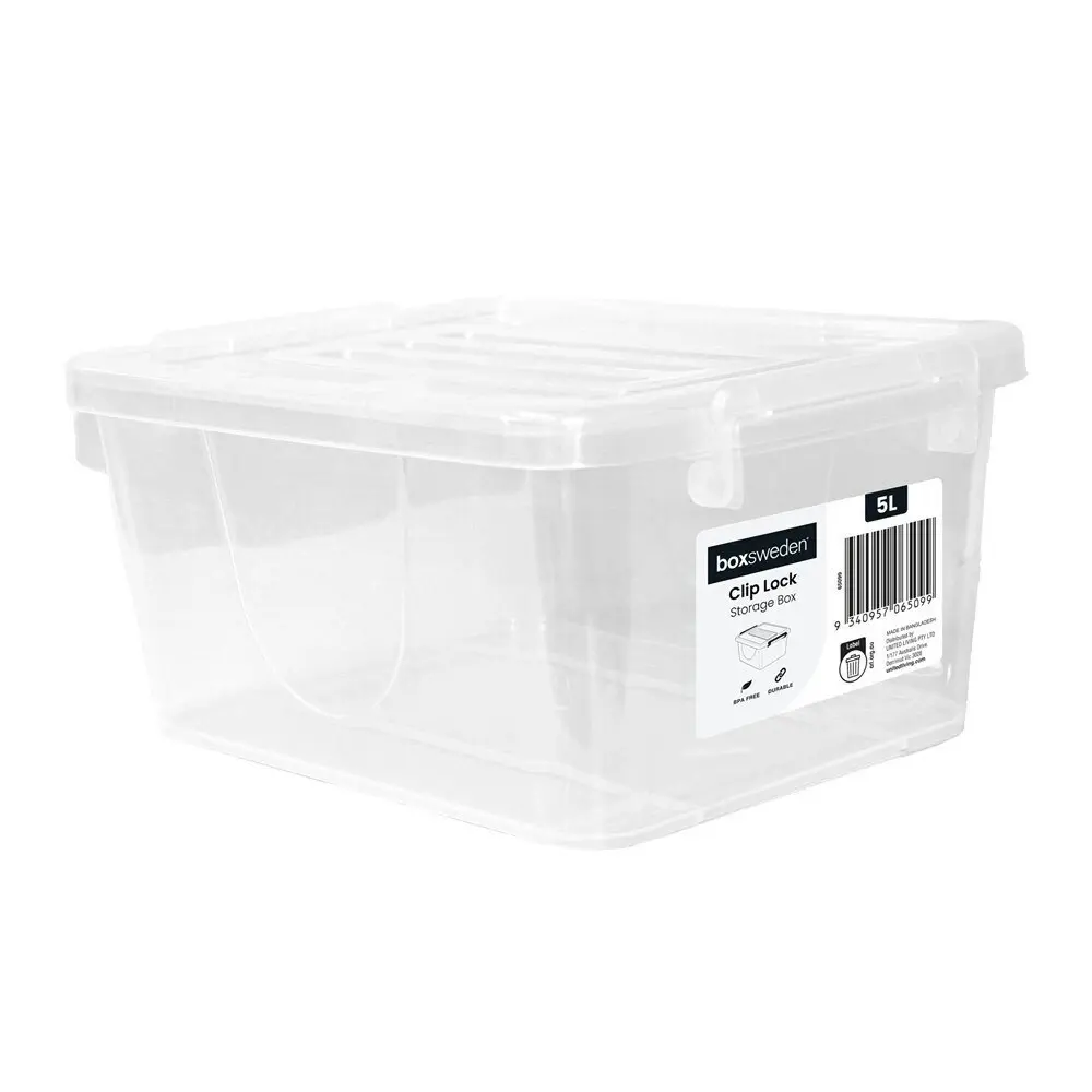 24x Boxsweden 5L Storage Box Home/Room Organiser w/Clip Lock Lid Rectangle Clear