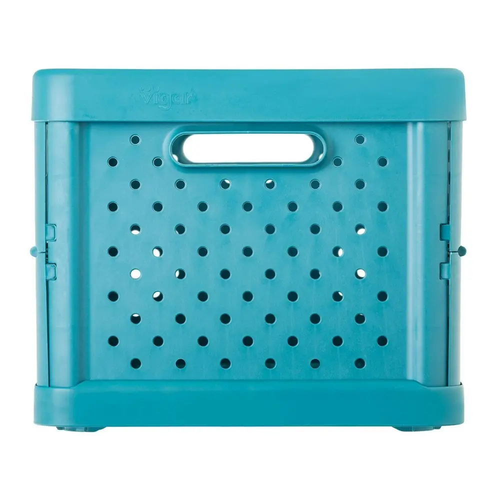 2x Vigar Compact 11.3L Plastic Foldable Crate Office Basket Storage Stone Blue