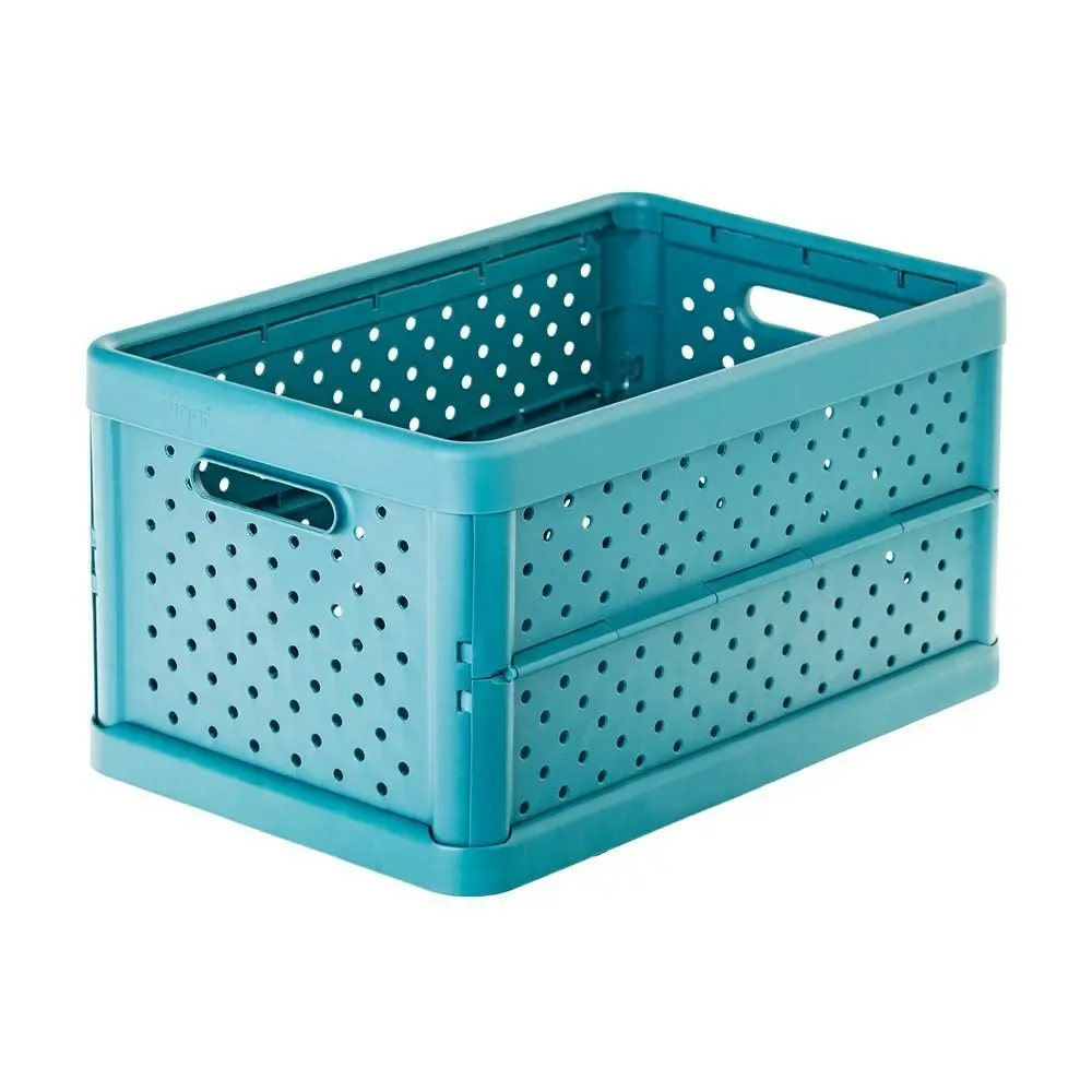 2x Vigar Compact 11.3L Plastic Foldable Crate Office Basket Storage Stone Blue