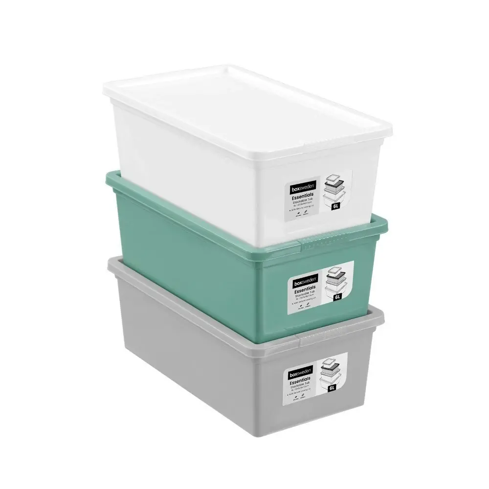 8x Boxsweden 6L/33.5cm Essentials Stackable Tub Storage Home Organiser Assorted