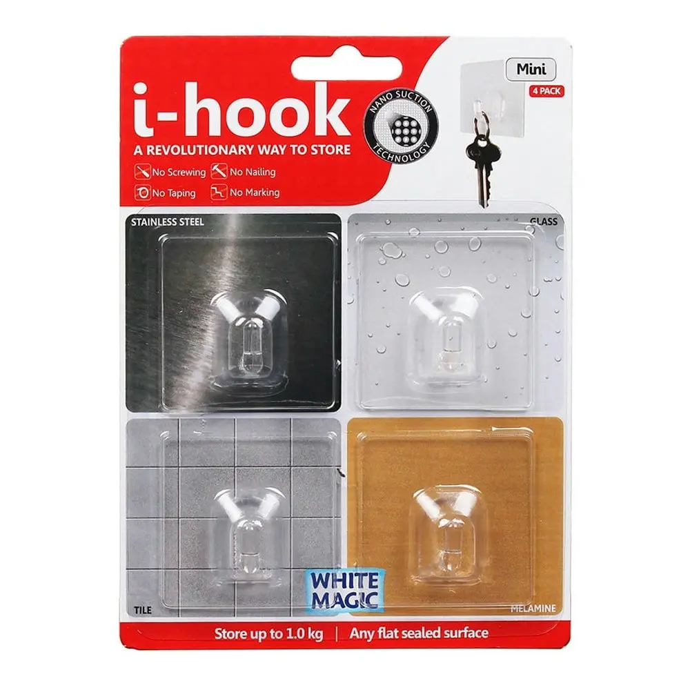 8pc White Magic i-Hook Mini 47cm Multi-Surface Hook Wall Mounted Storage Clear