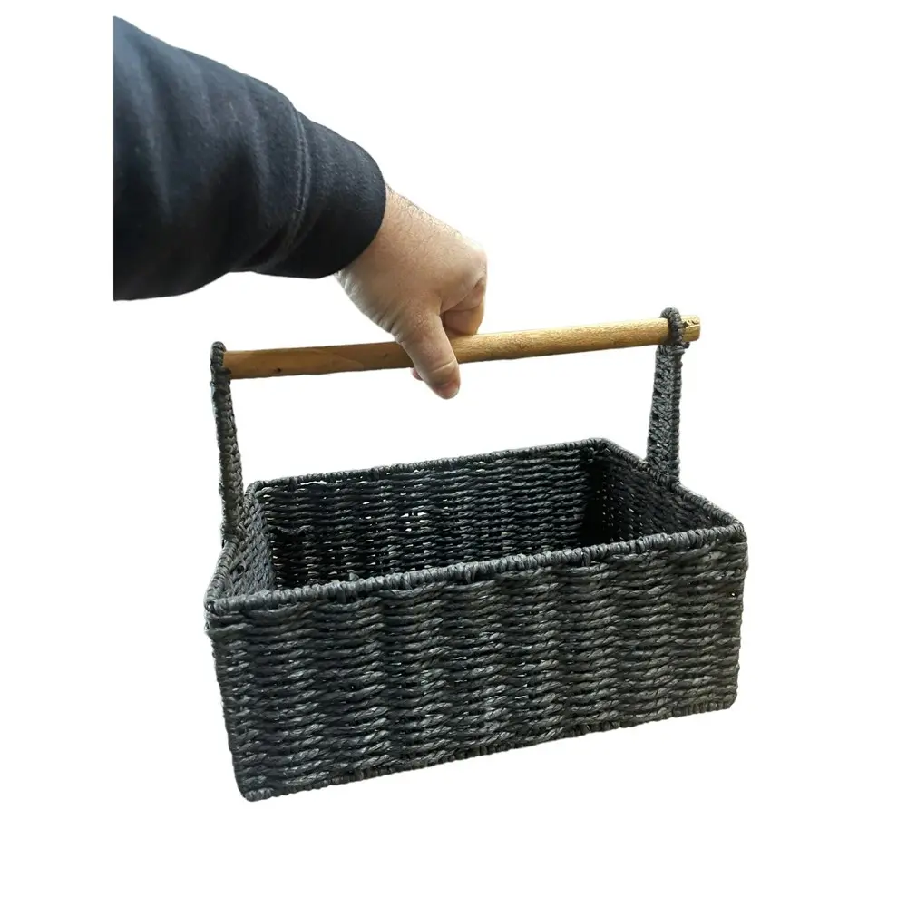 Maine & Crawford Cercy Paper Rope 30cm Organiser Basket w/ Wood Handle Black