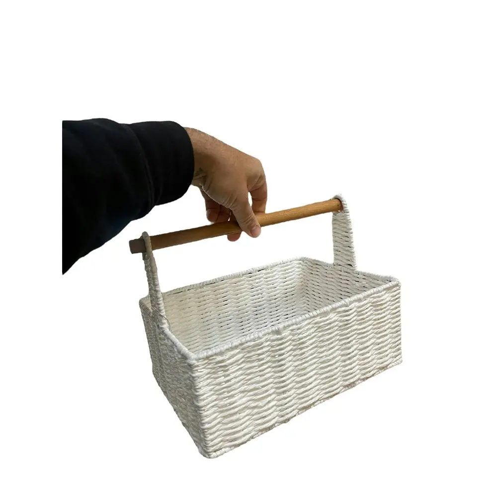 Maine & Crawford Cercy Paper Rope 30cm Organiser Basket w/ Wood Handle White