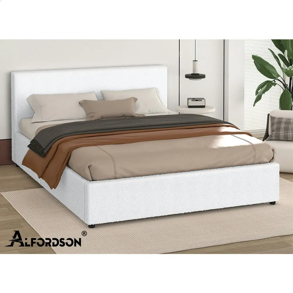 Alfordson Bed Frame King Size Gas Lift Storage Base White Boucle TRICIA