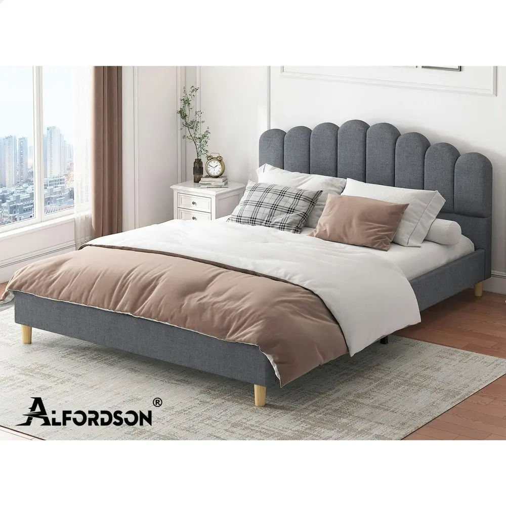 Alfordson Bed Frame Queen Size Upholstered Platform Base Grey Fabric TANIA