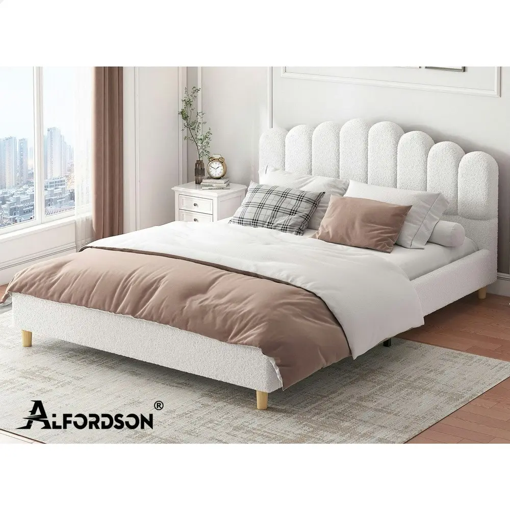 Alfordson Bed Frame Queen Size Upholstered Platform Base White Boucle TANIA