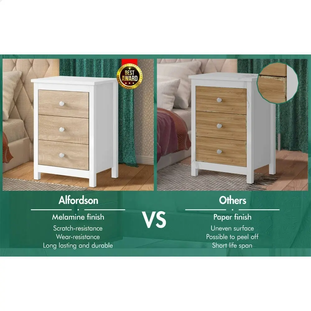 Alfordson Bedside Table Hamptons Nightstand 3 Drawers Oak