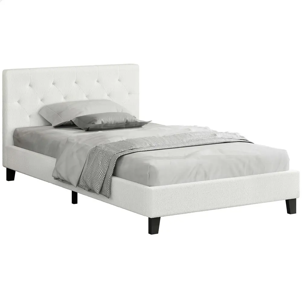 Alfordson Bed Frame King Single Wooden Base Platform White Boucle MADELYN