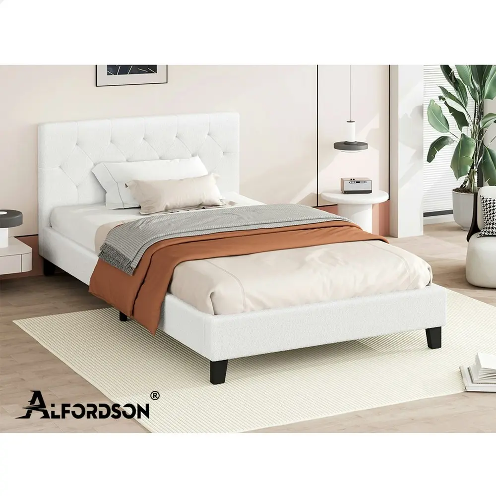 Alfordson Bed Frame King Single Wooden Base Platform White Boucle MADELYN