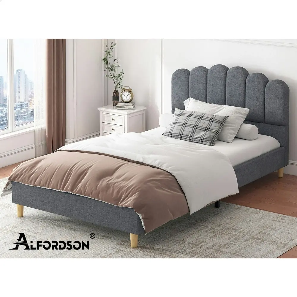 Alfordson Bed Frame Single Size Upholstered Platform Base Grey Fabric TANIA