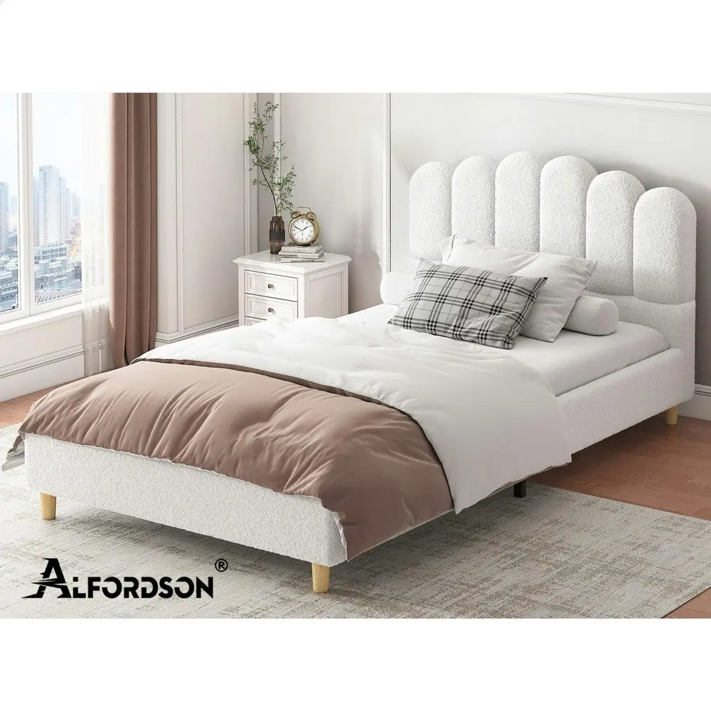 Alfordson Bed Frame Single Size Upholstered Platform Base White Boucle TANIA