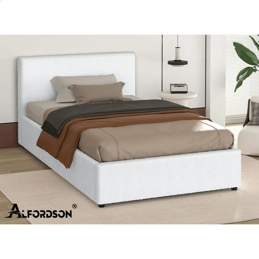 Alfordson Bed Frame King Single Gas Lift Storage Base White Boucle TRICIA