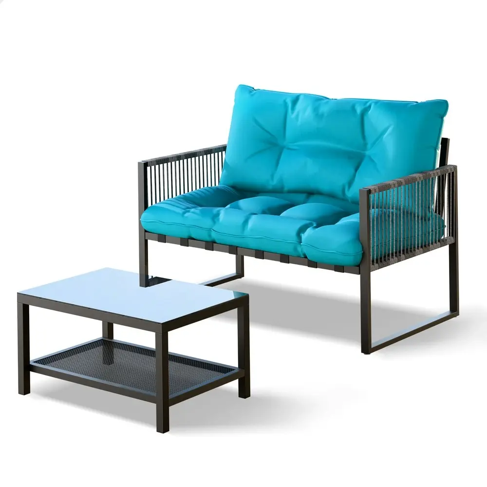 Alfordson 2PCS Outdoor Lounge Sofa Set Wicker Furniture Table and Chairs Garden Blue