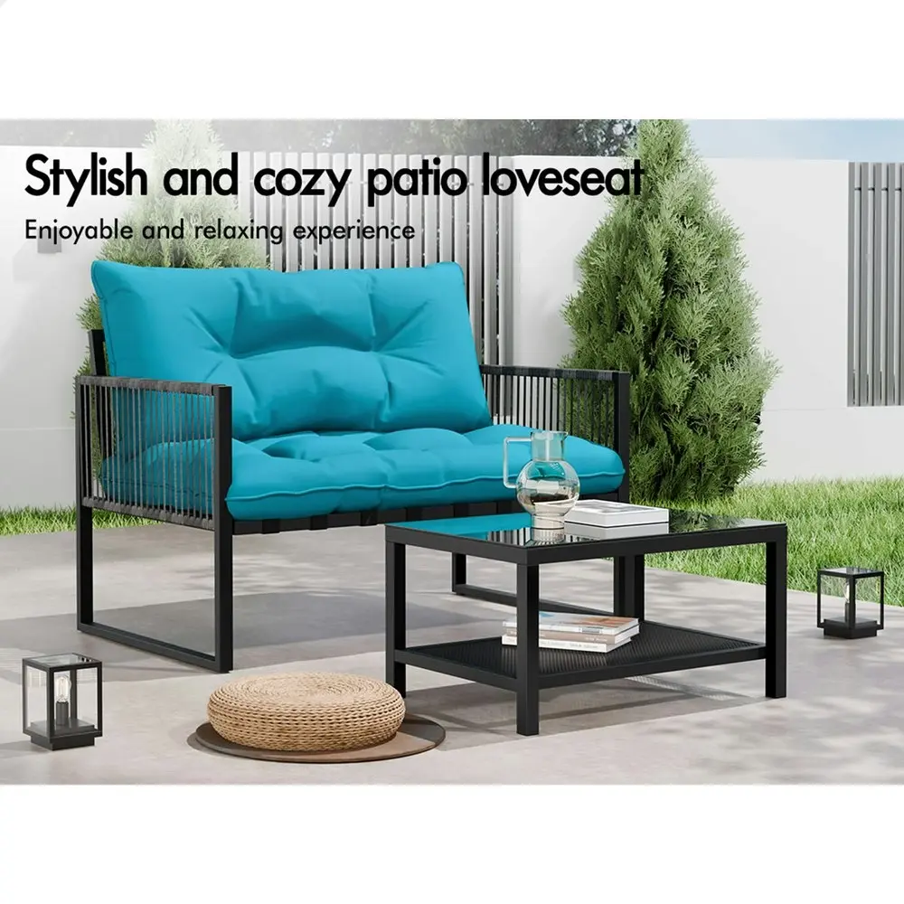 Alfordson 2PCS Outdoor Lounge Sofa Set Wicker Furniture Table and Chairs Garden Blue