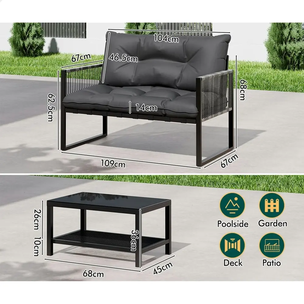 Alfordson 2PCS Outdoor Lounge Sofa Set Wicker Furniture Table and Chairs Garden Black Grey