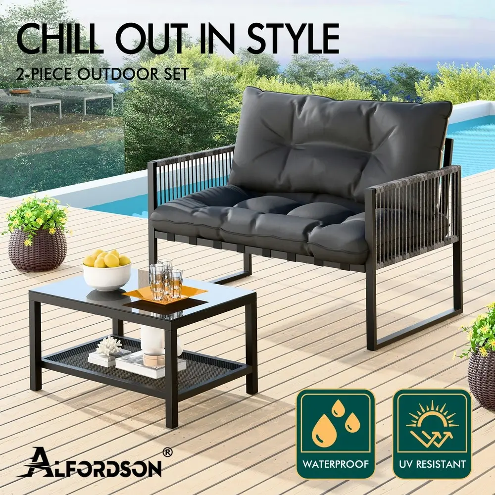 Alfordson 2PCS Outdoor Lounge Sofa Set Wicker Furniture Table and Chairs Garden Black Grey