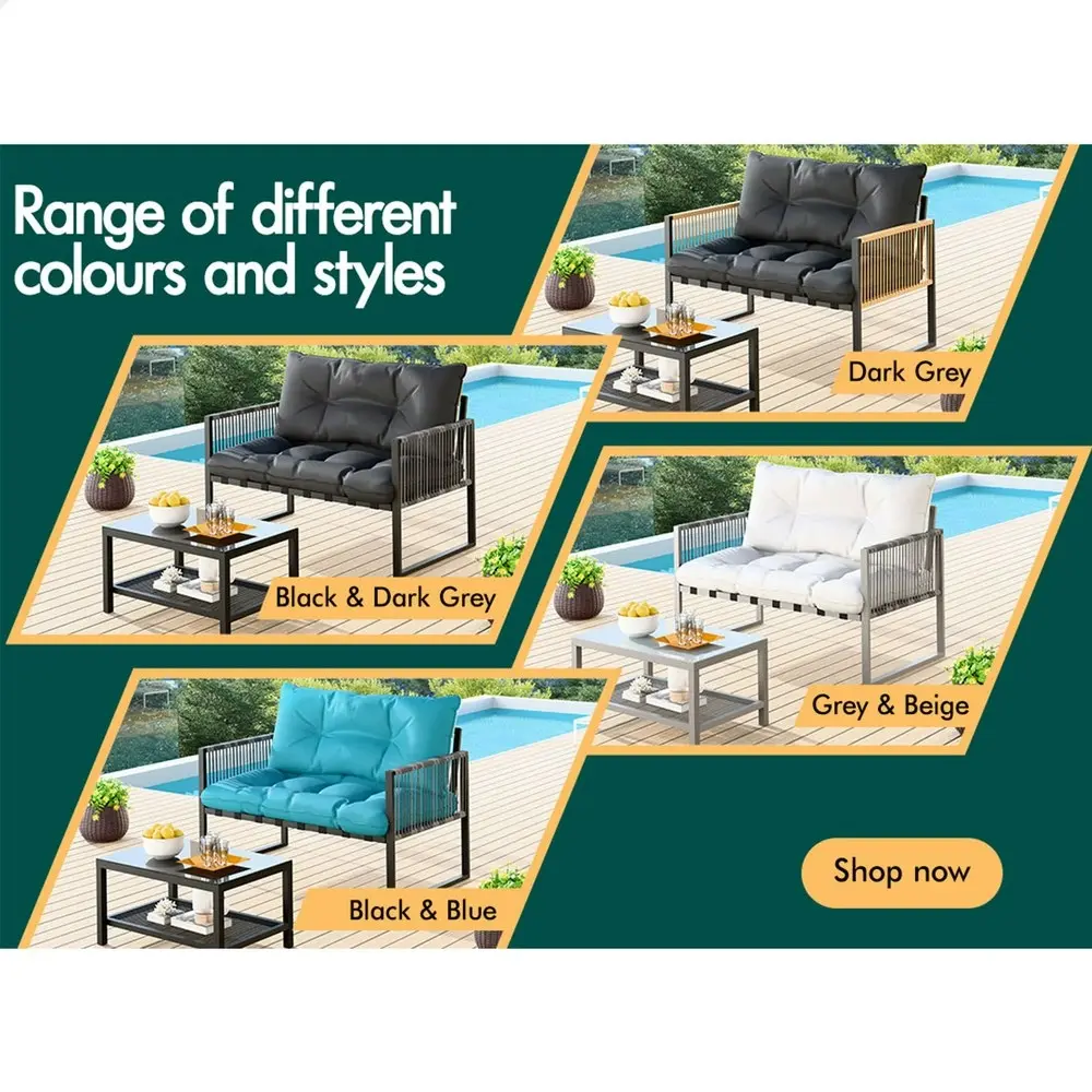 Alfordson 2PCS Outdoor Lounge Sofa Set Wicker Furniture Table and Chairs Garden Black Grey