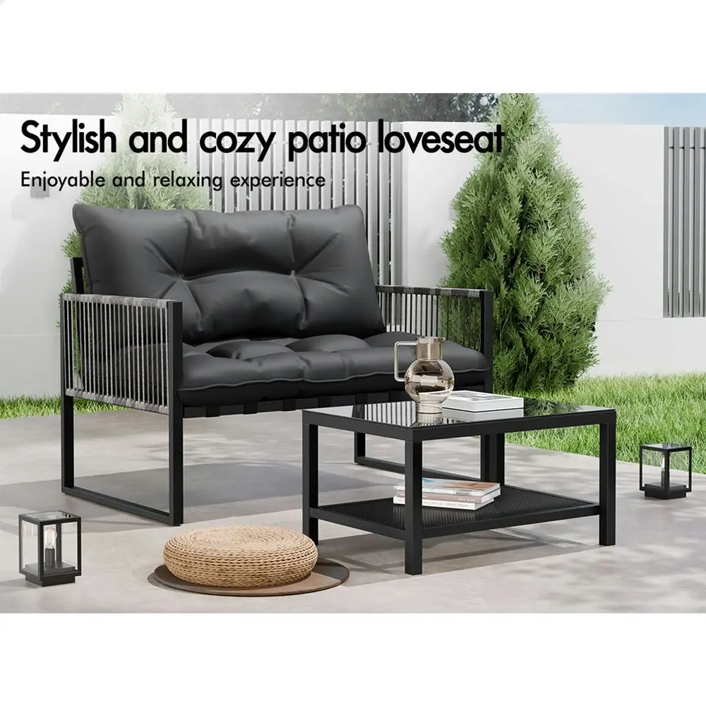 Alfordson 2PCS Outdoor Lounge Sofa Set Wicker Furniture Table and Chairs Garden Black Grey