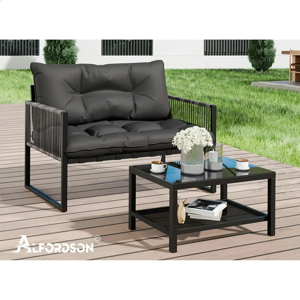 Alfordson 2PCS Outdoor Lounge Sofa Set Wicker Furniture Table and Chairs Garden Black Grey