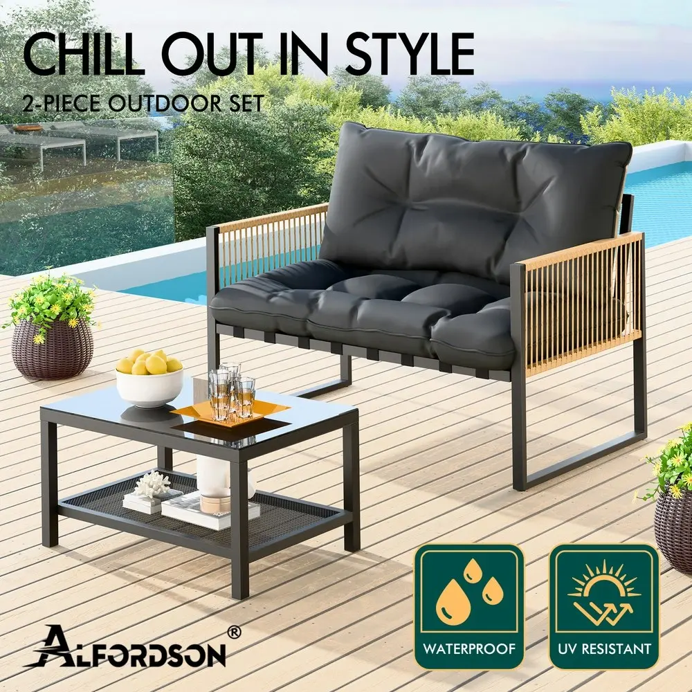 Alfordson 2PCS Outdoor Lounge Sofa Set Wicker Furniture Table and Chairs Garden Grey