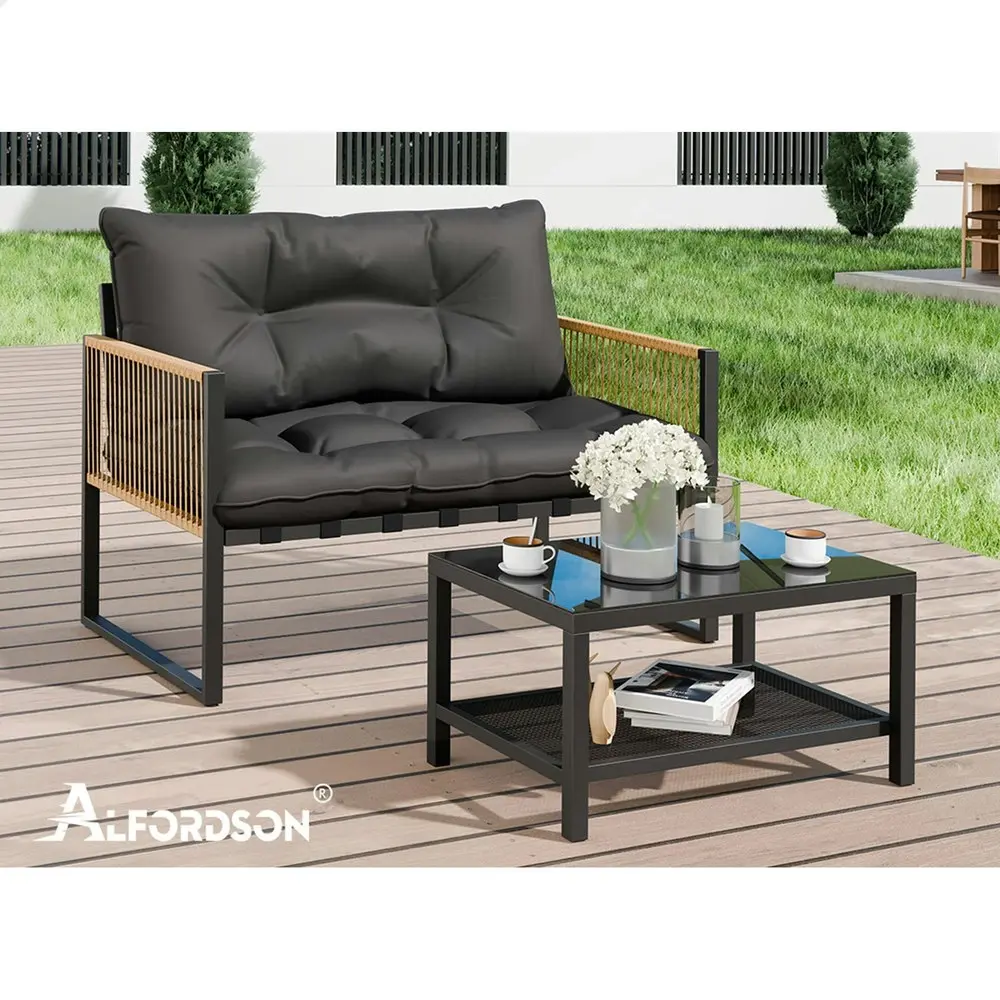 Alfordson 2PCS Outdoor Lounge Sofa Set Wicker Furniture Table and Chairs Garden Grey