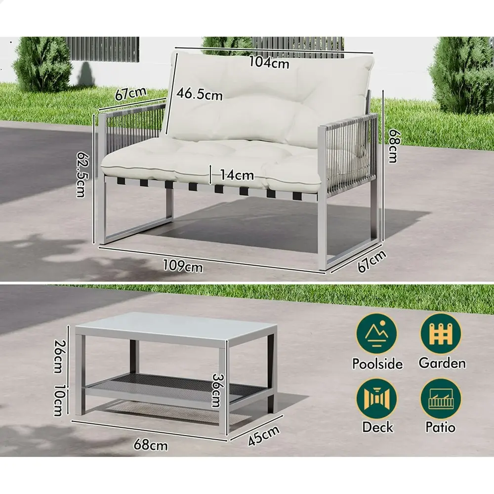 Alfordson 2PCS Outdoor Lounge Sofa Set Wicker Furniture Table and Chairs Garden Beige