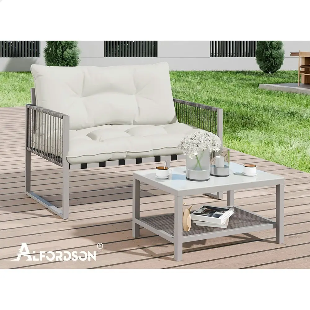 Alfordson 2PCS Outdoor Lounge Sofa Set Wicker Furniture Table and Chairs Garden Beige