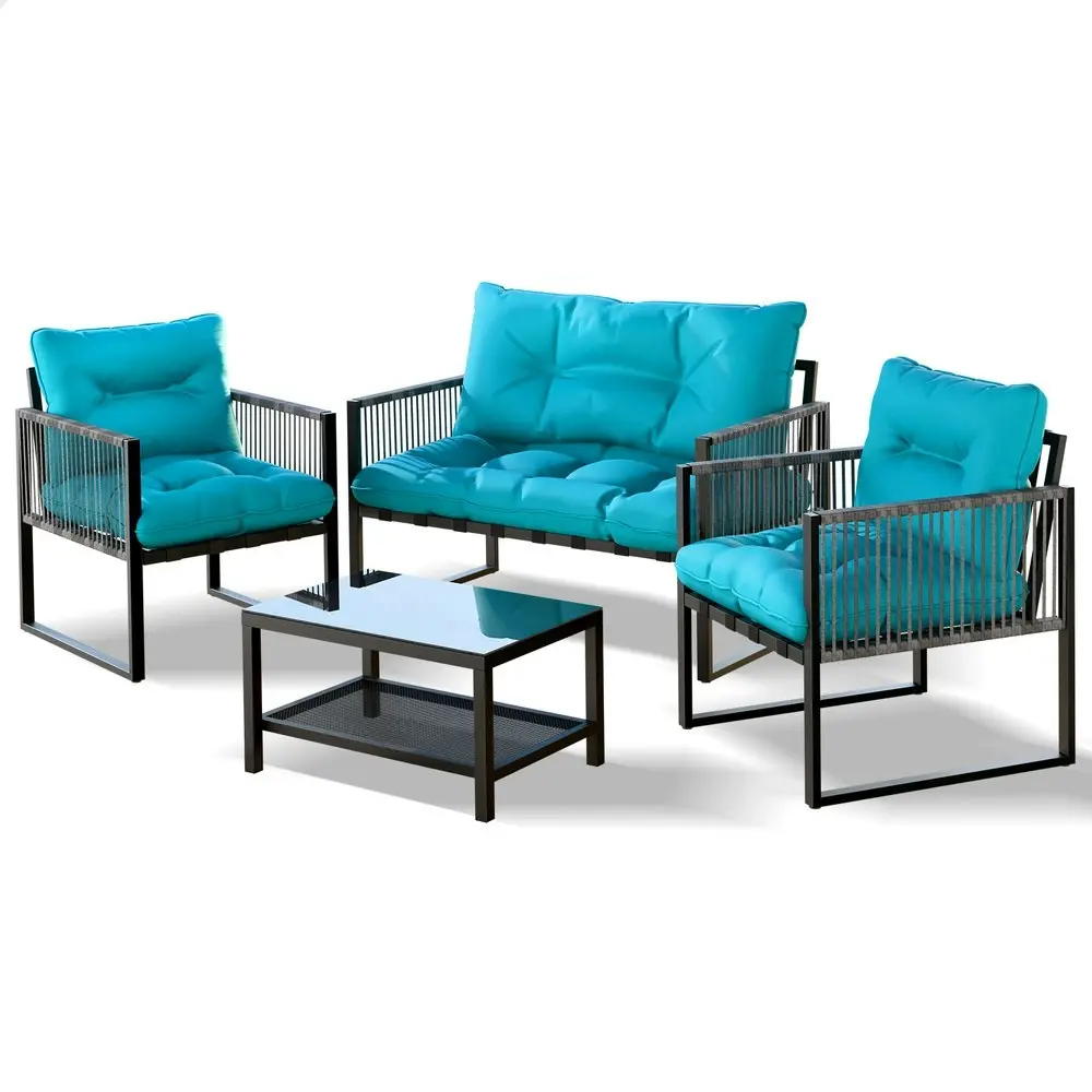 Alfordson 4PCS Outdoor Furniture Lounge Sofa Set Wicker Furniture Table and Chairs Garden Blue