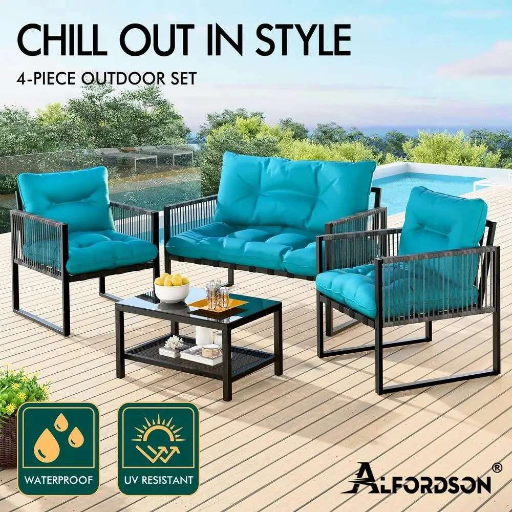 Alfordson 4PCS Outdoor Furniture Lounge Sofa Set Wicker Furniture Table and Chairs Garden Blue