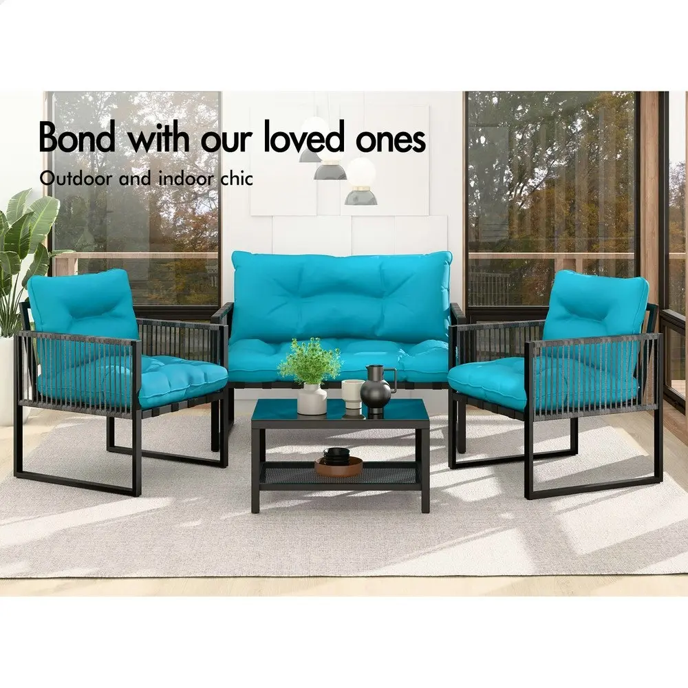 Alfordson 4PCS Outdoor Furniture Lounge Sofa Set Wicker Furniture Table and Chairs Garden Blue