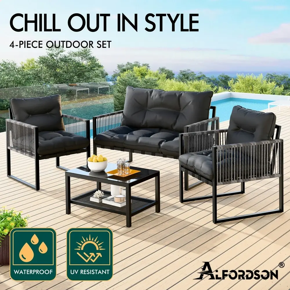 Alfordson 4PCS Outdoor Furniture Lounge Sofa Set Wicker Furniture Table and Chairs Garden Black Grey