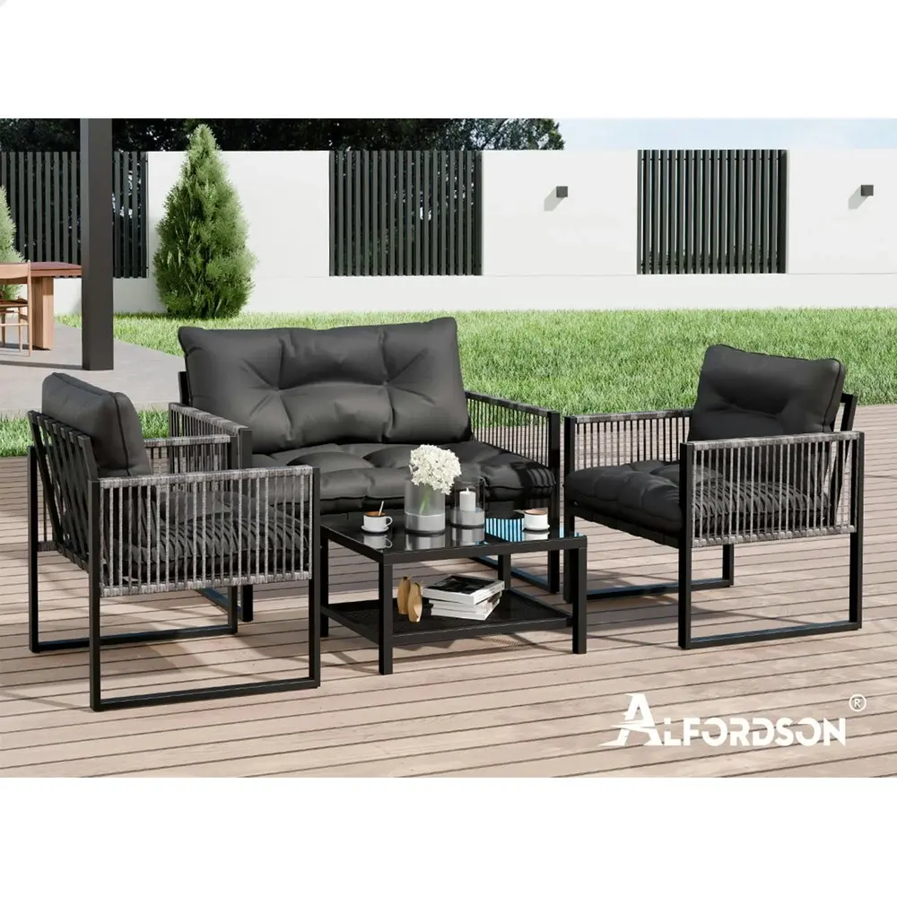 Alfordson 4PCS Outdoor Furniture Lounge Sofa Set Wicker Furniture Table and Chairs Garden Black Grey