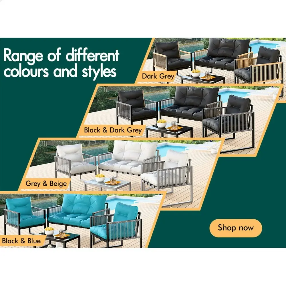 Alfordson 4PCS Outdoor Furniture Lounge Sofa Set Wicker Furniture Table and Chairs Garden Black Grey