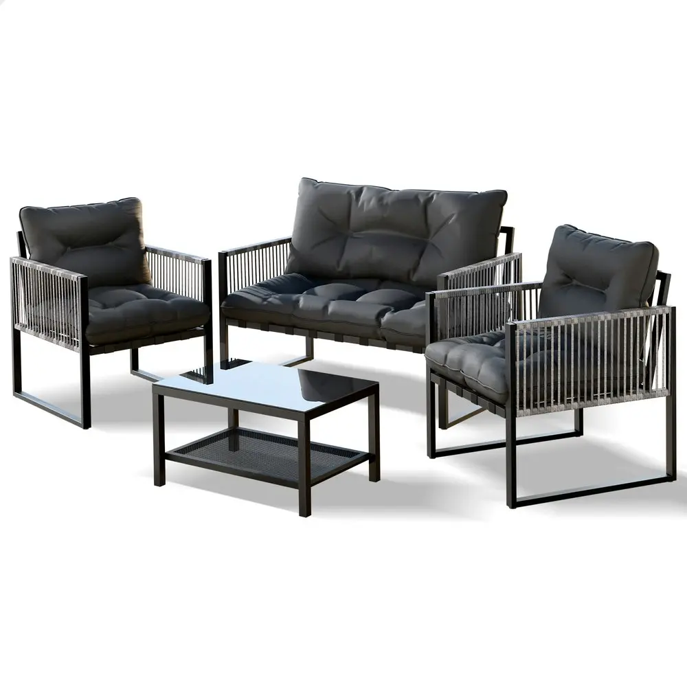 Alfordson 4PCS Outdoor Furniture Lounge Sofa Set Wicker Furniture Table and Chairs Garden Black Grey