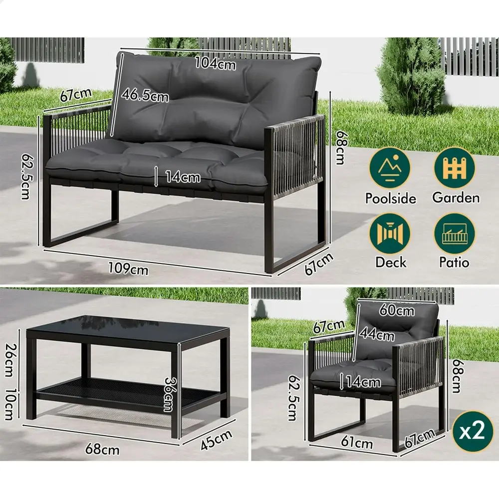 Alfordson 4PCS Outdoor Furniture Lounge Sofa Set Wicker Furniture Table and Chairs Garden Black Grey