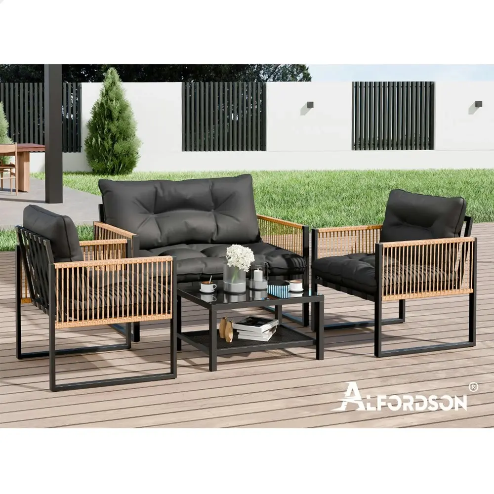 Alfordson 4PCS Outdoor Furniture Lounge Sofa Set Wicker Furniture Table and Chairs Garden Grey