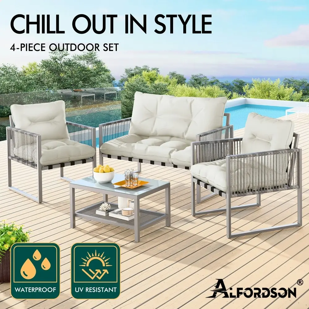 Alfordson 4PCS Outdoor Furniture Lounge Sofa Set Wicker Furniture Table and Chairs Garden Beige