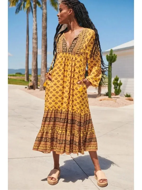 Jaase Sun Beam Print Liliana Midi Dress - Mustard Yellow